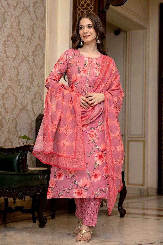 Pink Rayon Blend Floral Printed Straight Trouser Bottom Suit Set SETPKSKD2566PNK (M To 3XL Set)