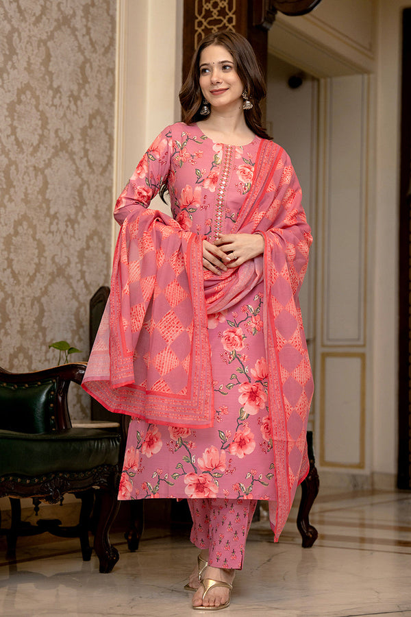 Pink Rayon Blend Floral Printed Straight Trouser Bottom Suit Set SETPKSKD2566PNK (M To 3XL Set)