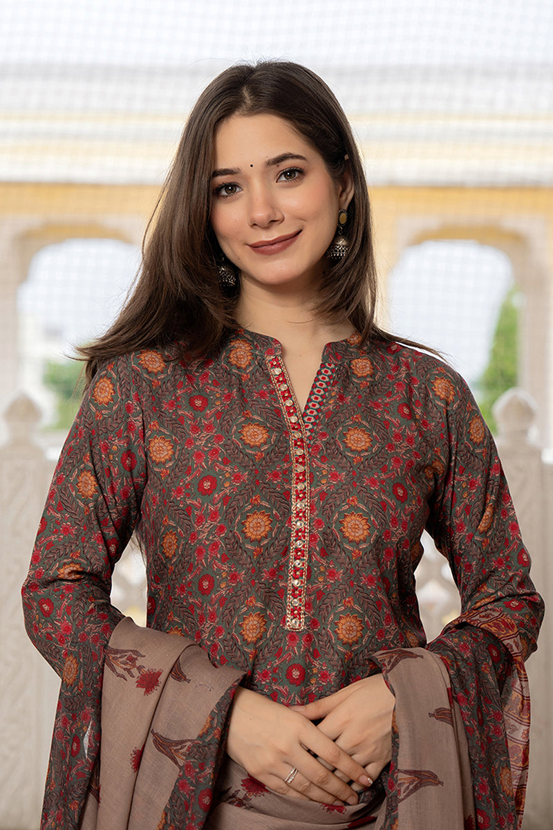 Green Rayon Blend Floral Printed Straight Trouser Bottom Suit Set SETPKSKD2569GRN (M To 3XL Set)