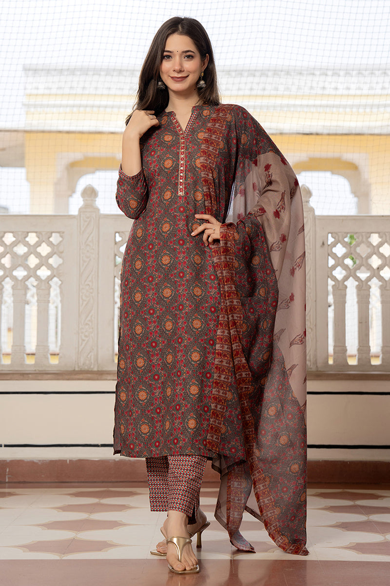 Green Rayon Blend Floral Printed Straight Trouser Bottom Suit Set SETPKSKD2569GRN (M To 3XL Set)