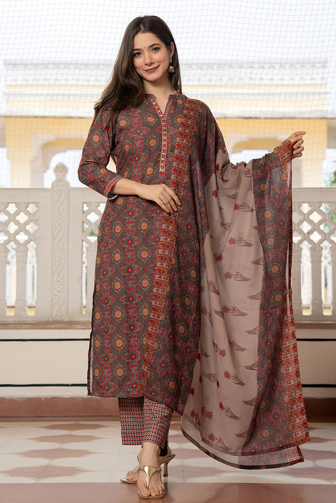 Green Rayon Blend Floral Printed Straight Trouser Bottom Suit Set SETPKSKD2569GRN (M To 3XL Set)