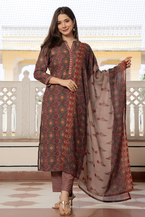 Green Rayon Blend Floral Printed Straight Trouser Bottom Suit Set SETPKSKD2569GRN (M To 3XL Set)