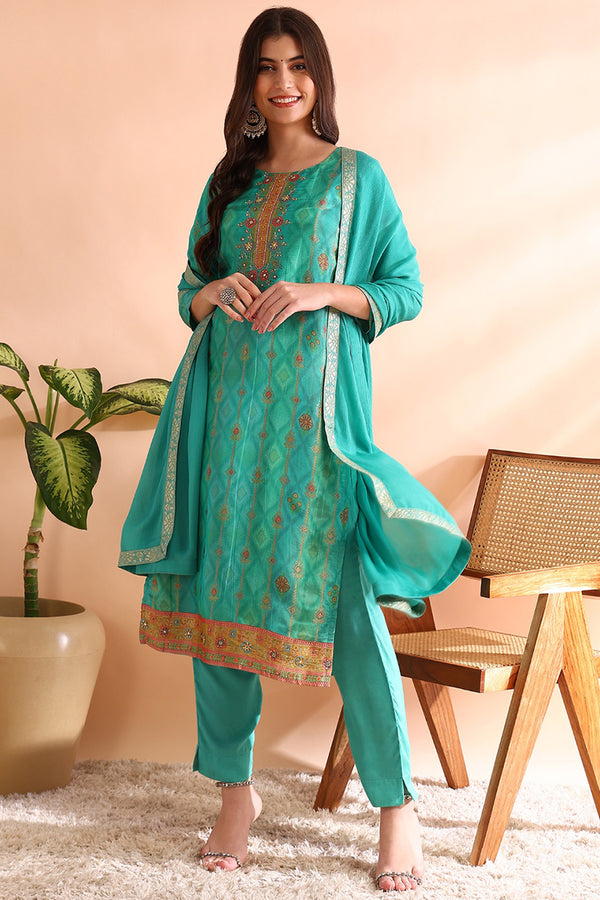Turquoise Silk Blend Ethnic Woven Design Straight Trouser Suit Set PKSKD2581