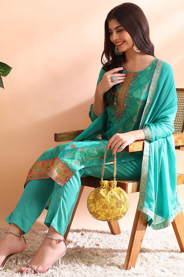 Turquoise Silk Blend Ethnic Woven Design Straight Trouser Suit Set PKSKD2581