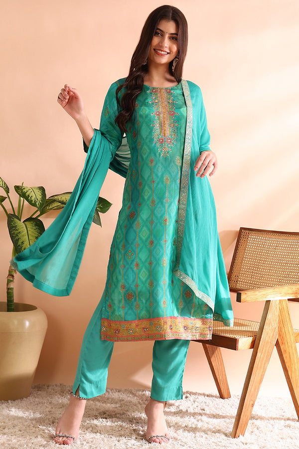 Turquoise Silk Blend Ethnic Woven Design Straight Trouser Suit Set PKSKD2581