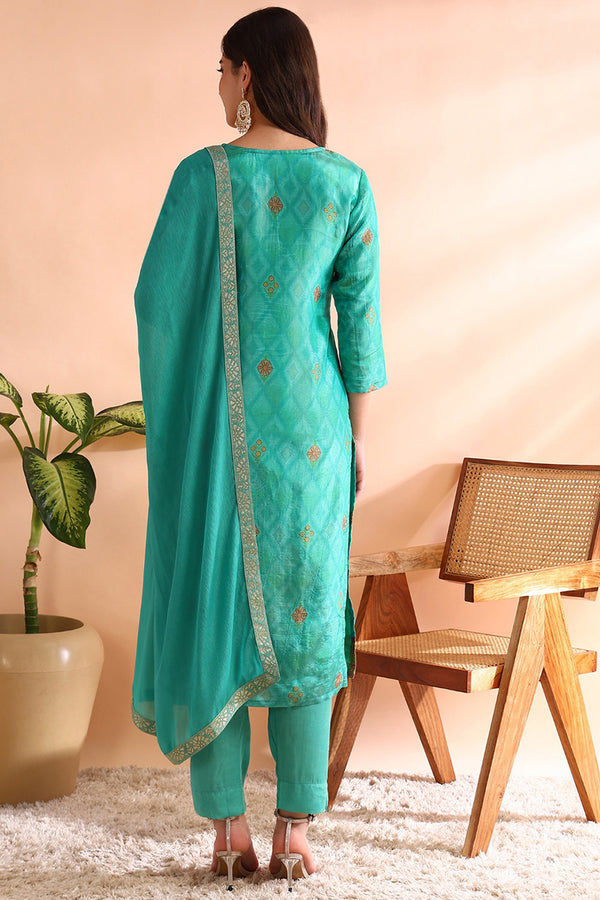 Turquoise Silk Blend Ethnic Woven Design Straight Trouser Suit Set PKSKD2581