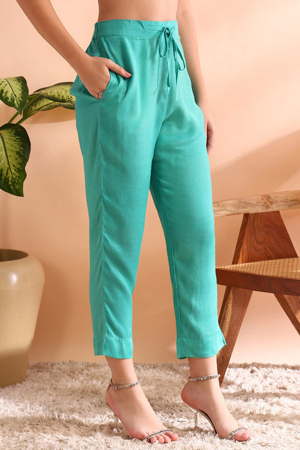 Turquoise Silk Blend Ethnic Woven Design Straight Trouser Suit Set PKSKD2581