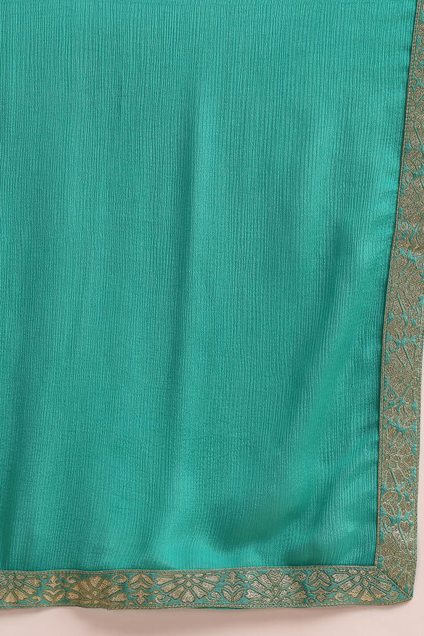Turquoise Silk Blend Ethnic Woven Design Straight Trouser Suit Set PKSKD2581