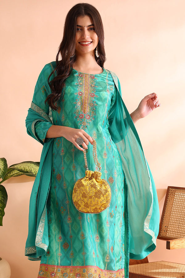 Turquoise Silk Blend Ethnic Woven Design Straight Trouser Suit Set PKSKD2581