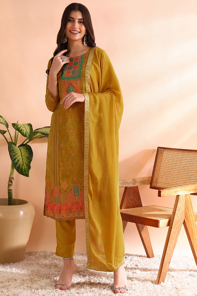 Mustard Yellow Silk Blend Woven Design Straight Trouser Suit Set PKSKD2583