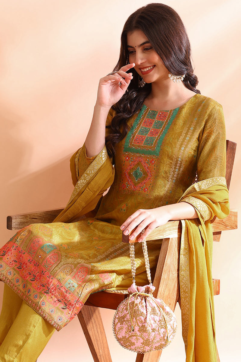 Mustard Yellow Silk Blend Woven Design Straight Trouser Suit Set PKSKD2583