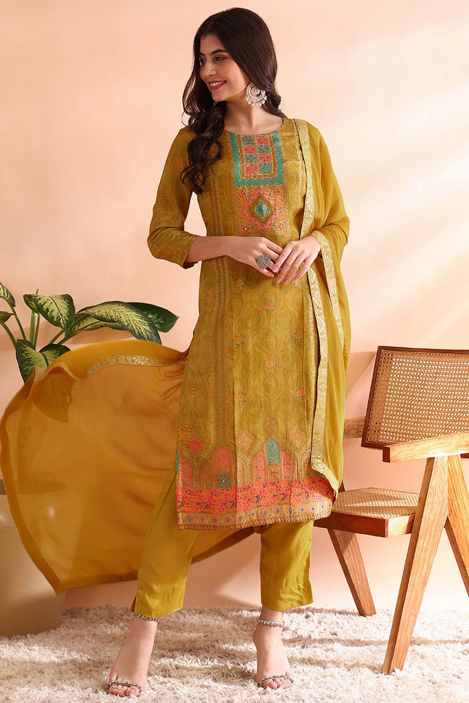 Mustard Yellow Silk Blend Woven Design Straight Trouser Suit Set PKSKD2583