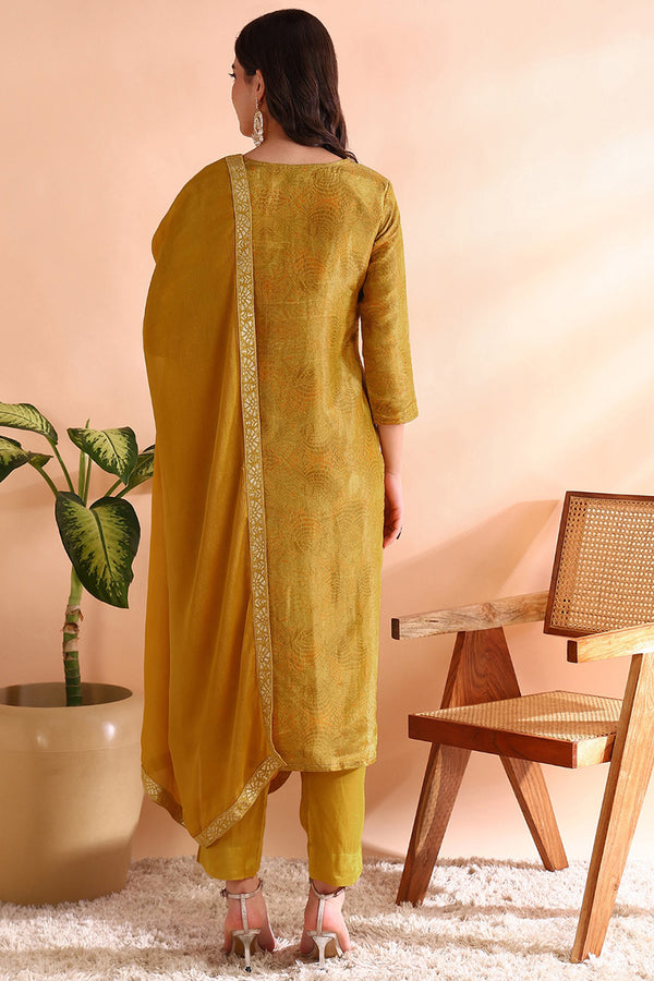 Mustard Yellow Silk Blend Woven Design Straight Trouser Suit Set PKSKD2583
