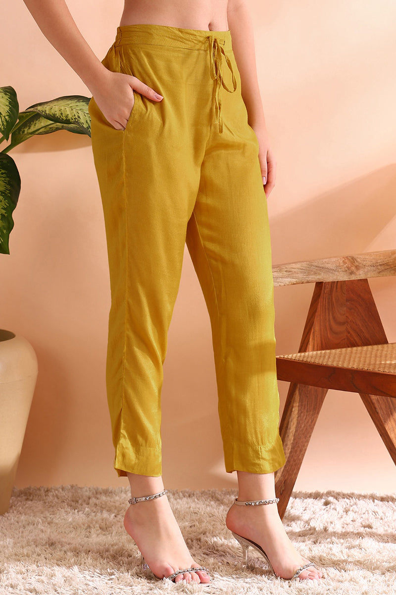 Mustard Yellow Silk Blend Woven Design Straight Trouser Suit Set PKSKD2583