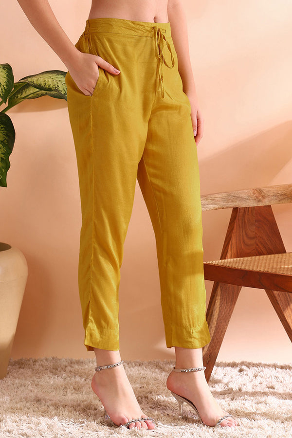 Mustard Yellow Silk Blend Woven Design Straight Trouser Suit Set PKSKD2583