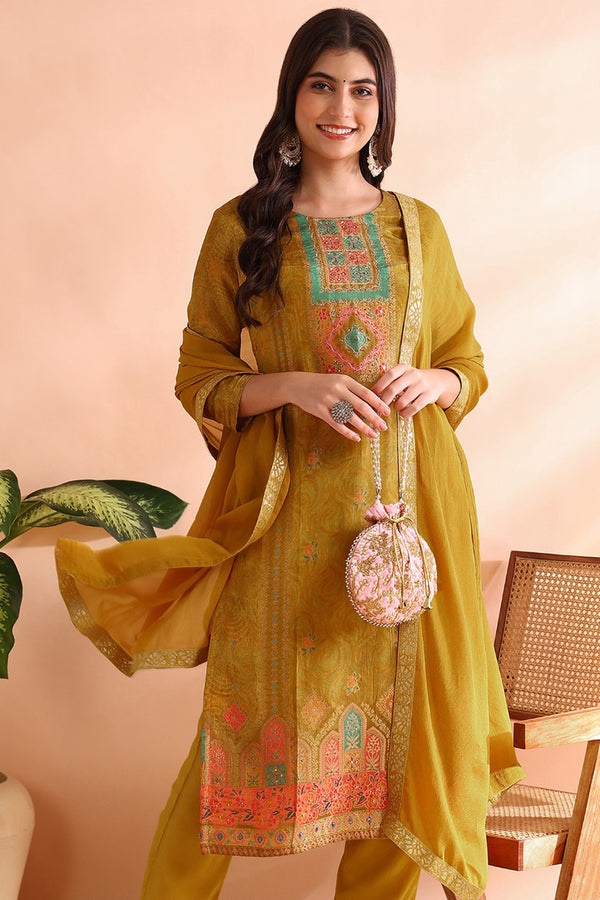 Mustard Yellow Silk Blend Woven Design Straight Trouser Suit Set PKSKD2583