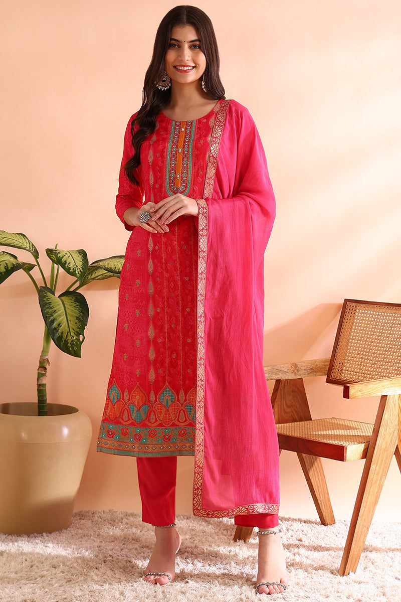 Pink Silk Blend Ethnic Motifs Straight Trouser Suit Set PKSKD2584