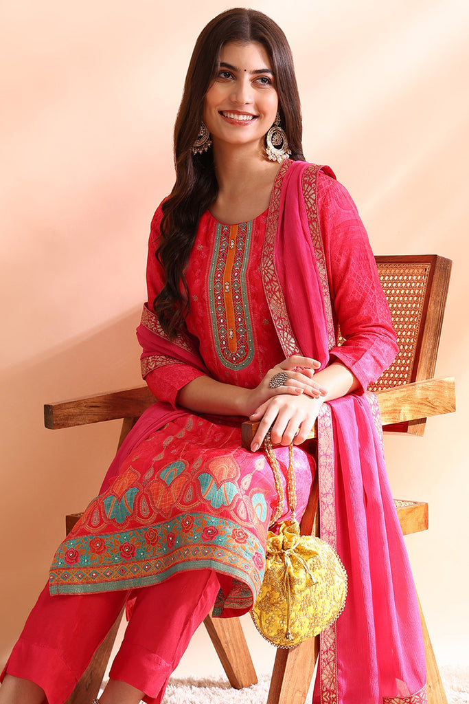 Pink Silk Blend Ethnic Motifs Straight Trouser Suit Set PKSKD2584