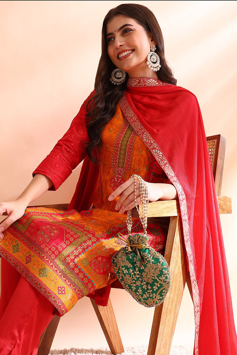 Red Silk Blend Ethnic Motifs Straight Trouser Suit Set PKSKD2585