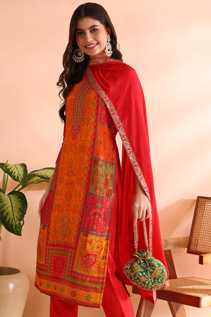 Red Silk Blend Ethnic Motifs Straight Trouser Suit Set PKSKD2585