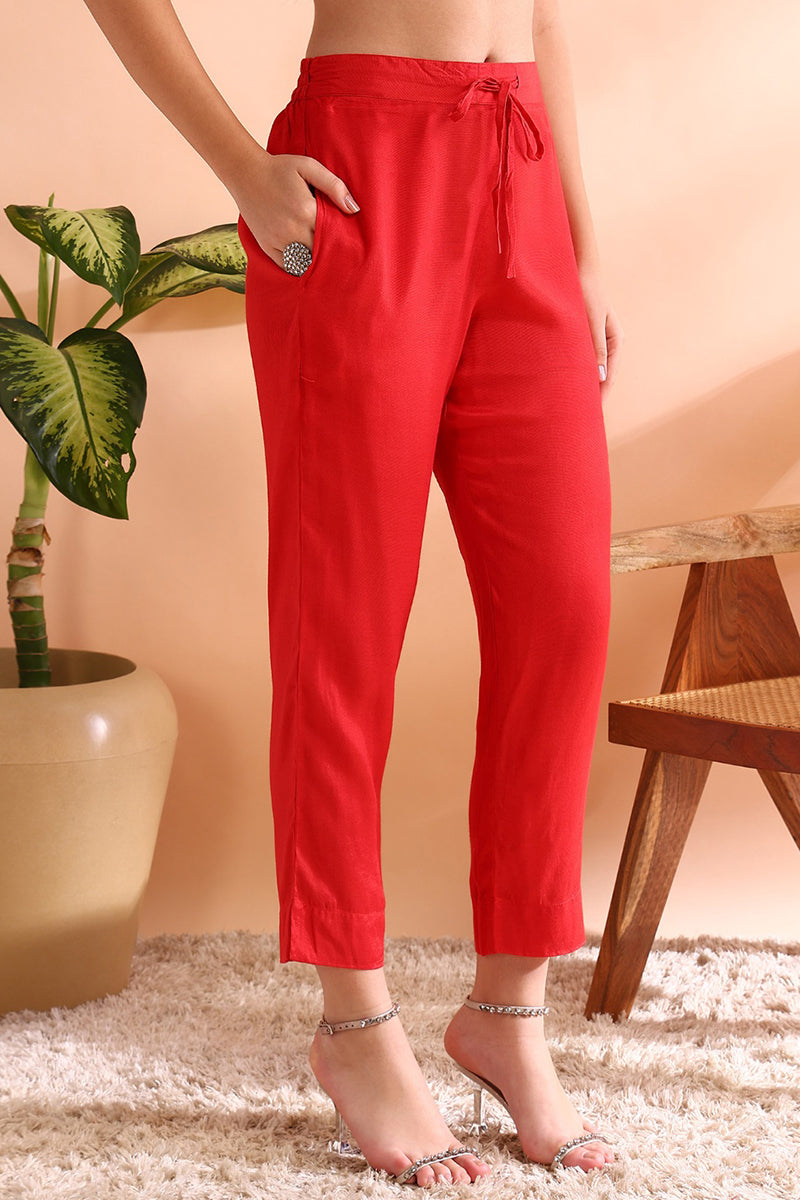 Red Silk Blend Ethnic Motifs Straight Trouser Suit Set PKSKD2585