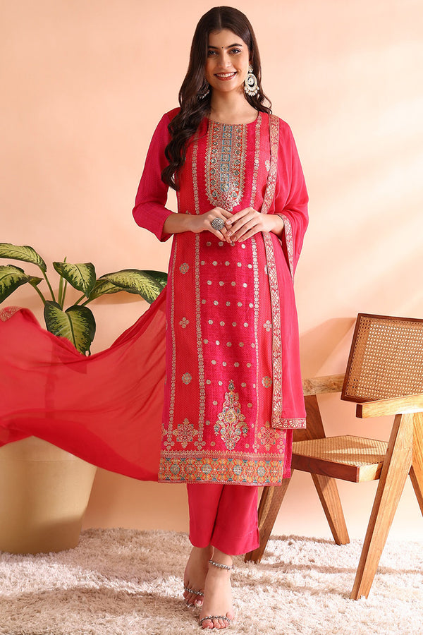 Pink Organza Ethnic Woven Design Straight Trouser Suit Set PKSKD2587