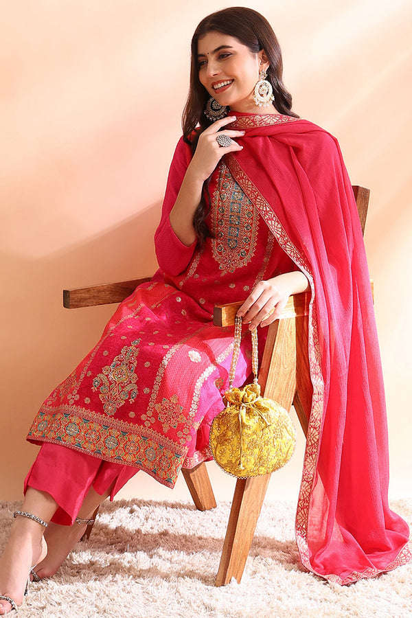 Pink Organza Ethnic Woven Design Straight Trouser Suit Set PKSKD2587