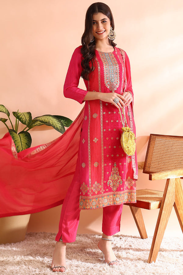 Pink Organza Ethnic Woven Design Straight Trouser Suit Set PKSKD2587