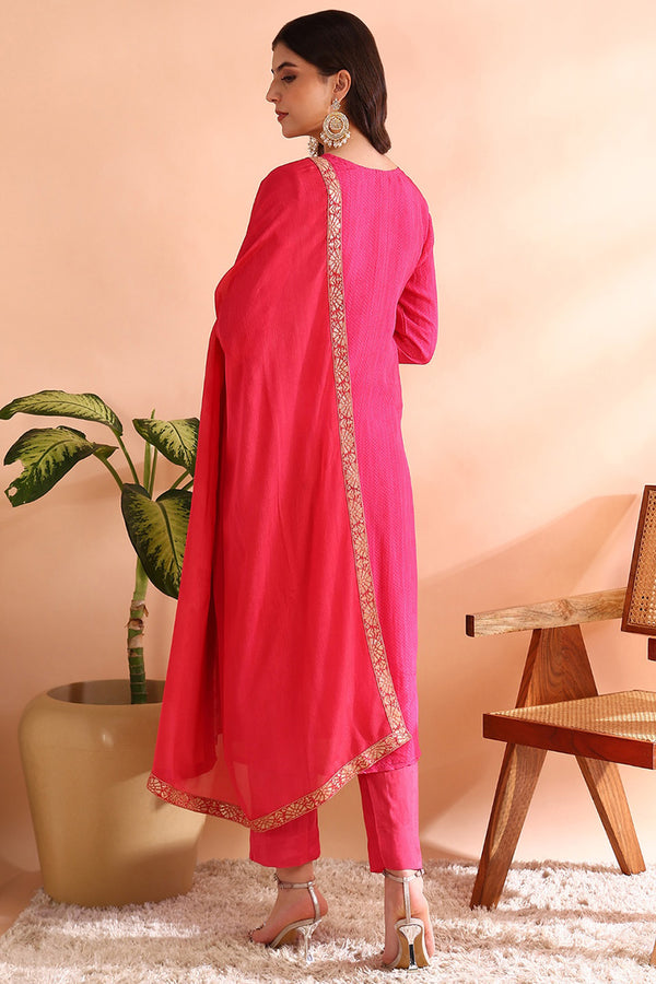 Pink Organza Ethnic Woven Design Straight Trouser Suit Set PKSKD2587