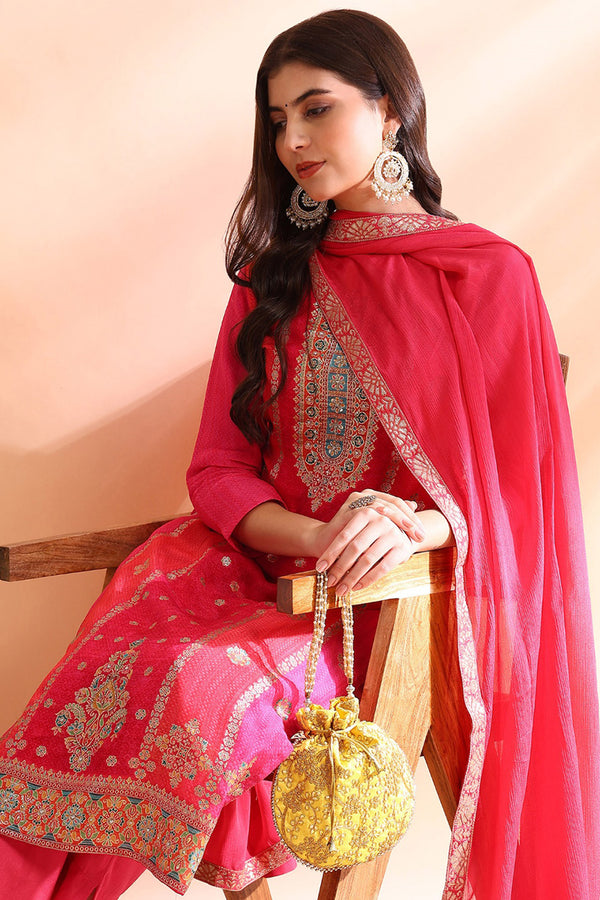 Pink Organza Ethnic Woven Design Straight Trouser Suit Set PKSKD2587