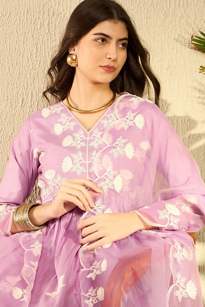 Lavender Silk Blend Solid Embroidered A-Line Trouser Suit Set PKSKD2594