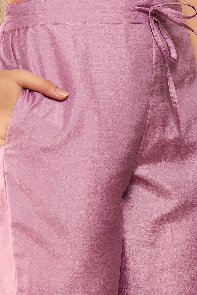 Lavender Silk Blend Solid Embroidered A-Line Trouser Suit Set PKSKD2594