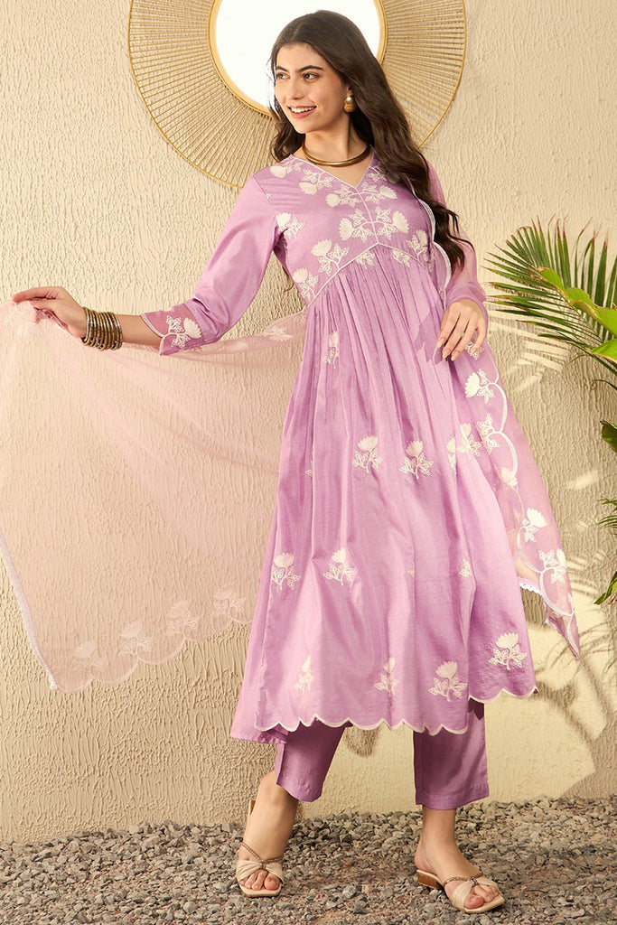 Lavender Silk Blend Solid Embroidered A-Line Trouser Suit Set PKSKD2594