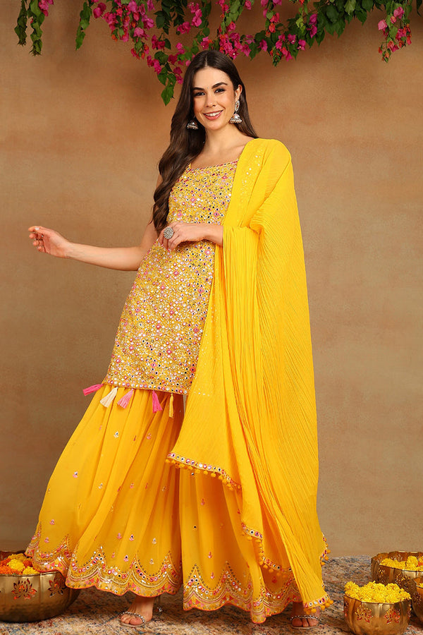 Yellow Georgette Solid Embroidered Straight Suit Set PKSKD2617