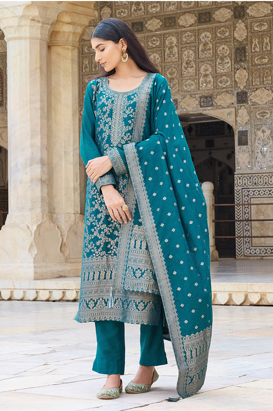 Teal Blue Poly Chanderi Solid Woven Design Straight Trouser Suit Set PKSKD2628