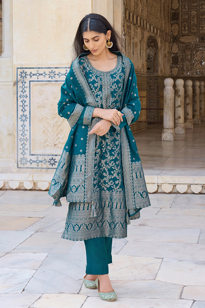 Teal Blue Poly Chanderi Solid Woven Design Straight Trouser Suit Set PKSKD2628