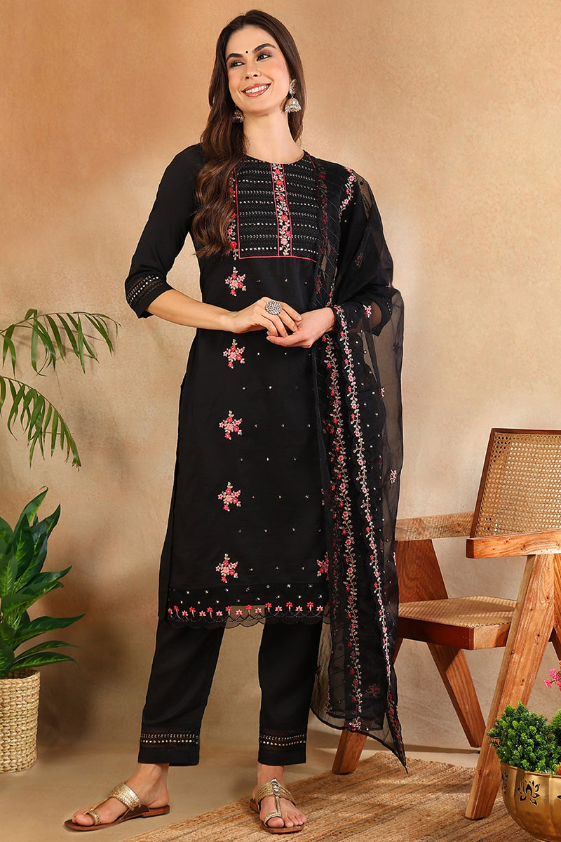 Black Silk Blend Solid Embroidered Straight Trouser Bottom Suit Set PKSKD2630