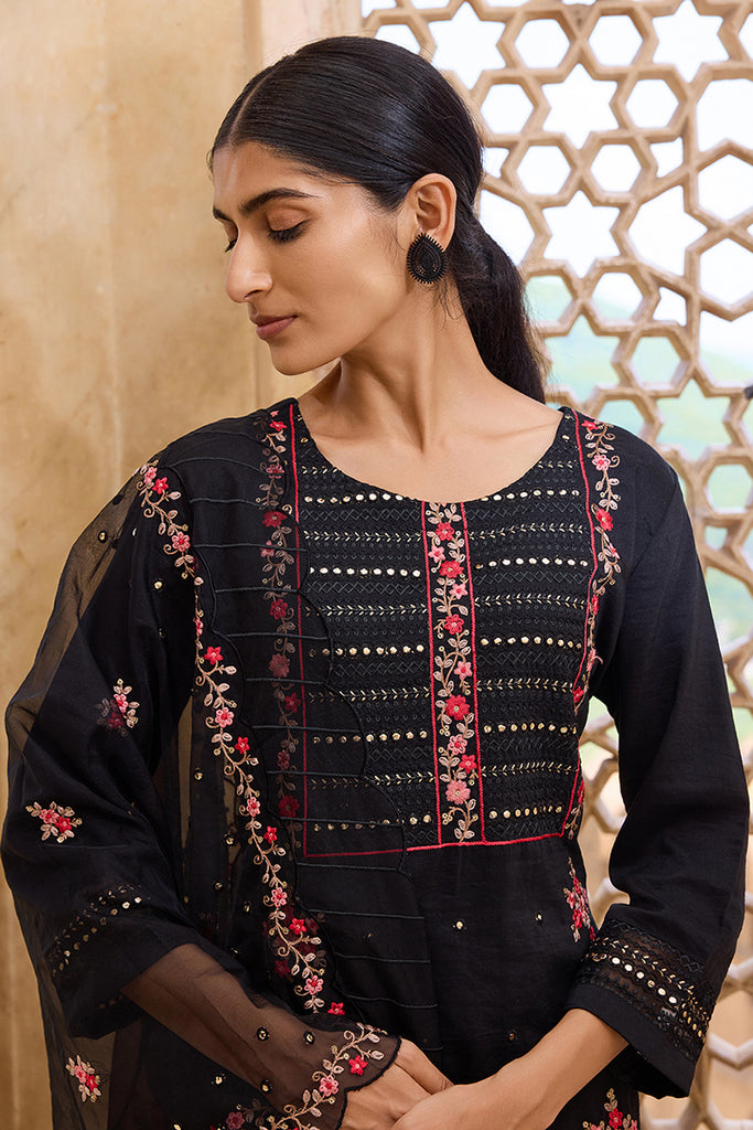 Black Silk Blend Solid Embroidered Straight Trouser Bottom Suit Set PKSKD2630