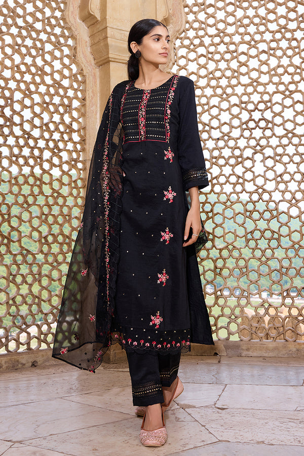 Black Silk Blend Solid Embroidered Straight Trouser Bottom Suit Set PKSKD2630