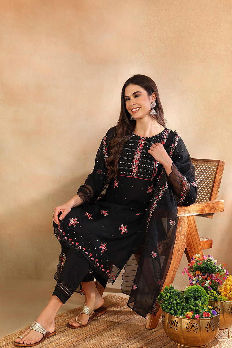 Black Silk Blend Solid Embroidered Straight Trouser Bottom Suit Set PKSKD2630