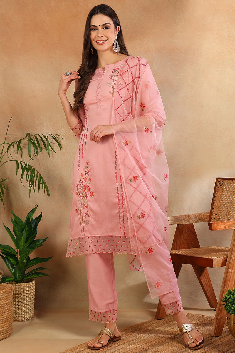 Pink Silk Blend Embroidered Solid Straight Trouser Suit Set PKSKD2631