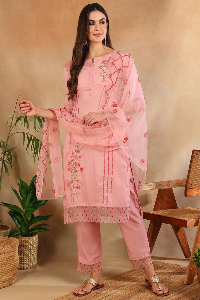 Pink Silk Blend Embroidered Solid Straight Trouser Suit Set PKSKD2631