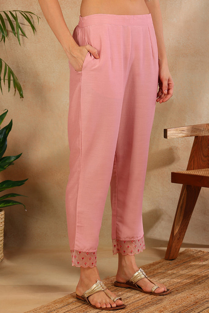 Pink Silk Blend Embroidered Solid Straight Trouser Suit Set PKSKD2631