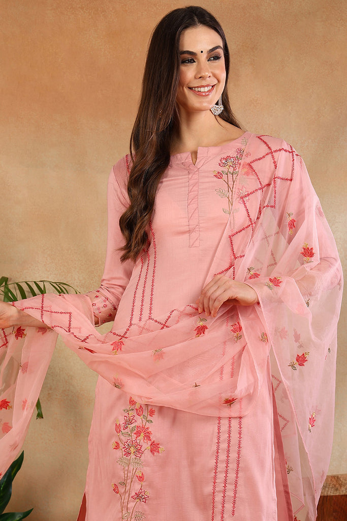 Pink Silk Blend Embroidered Solid Straight Trouser Suit Set PKSKD2631