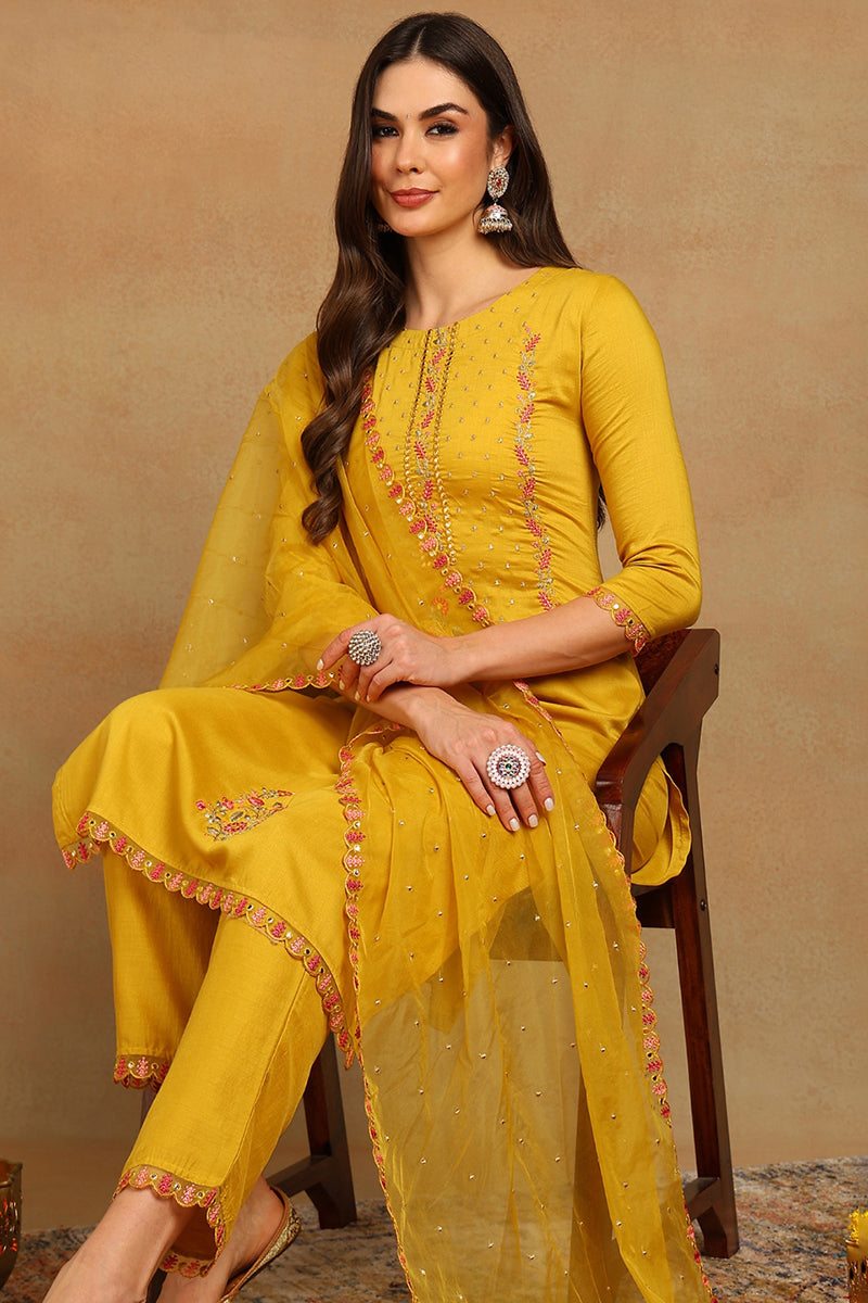 Yellow Silk Blend Embroidered Solid Straight Trouser Suit Set PKSKD2632