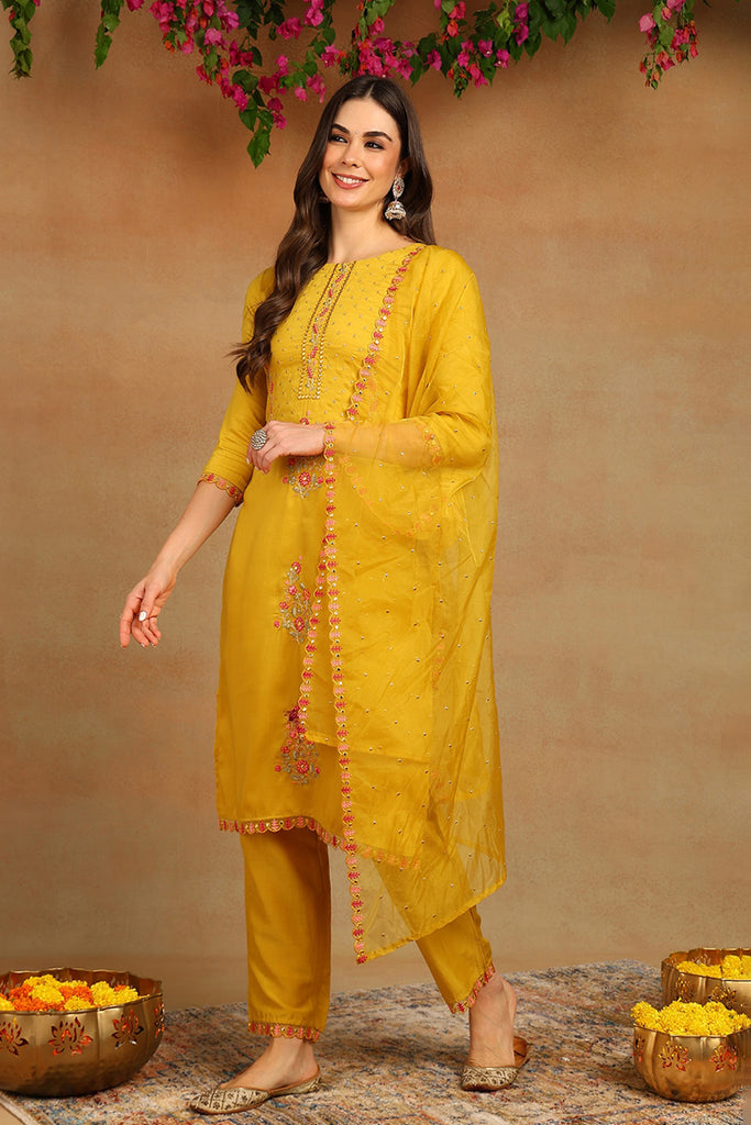 Yellow Silk Blend Embroidered Solid Straight Trouser Suit Set PKSKD2632