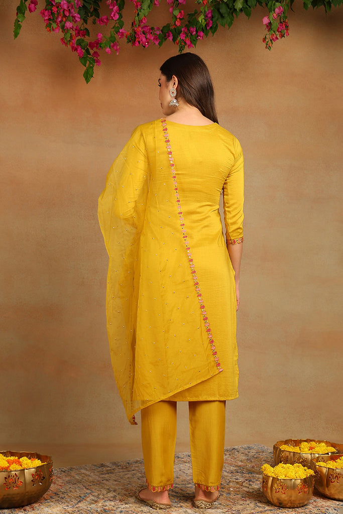 Yellow Silk Blend Embroidered Solid Straight Trouser Suit Set PKSKD2632