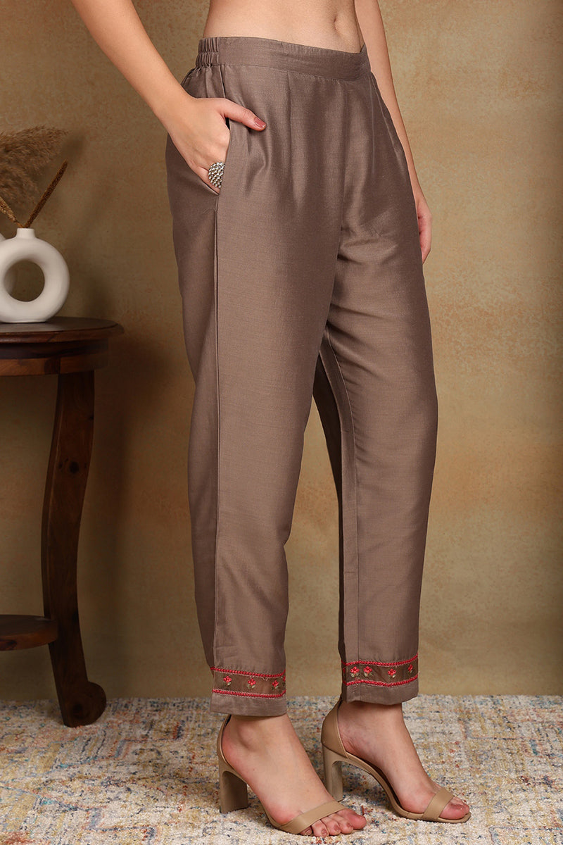 Brown Silk Blend Solid Embroidered Straight Trouser Bottom Suit Set PKSKD2633