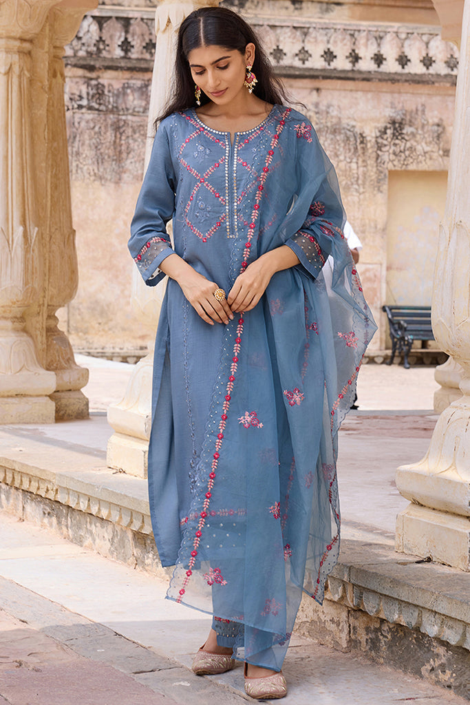 Blue Silk Blend Solid Embroidered Straight Trouser Bottom Suit Set PKSKD2634