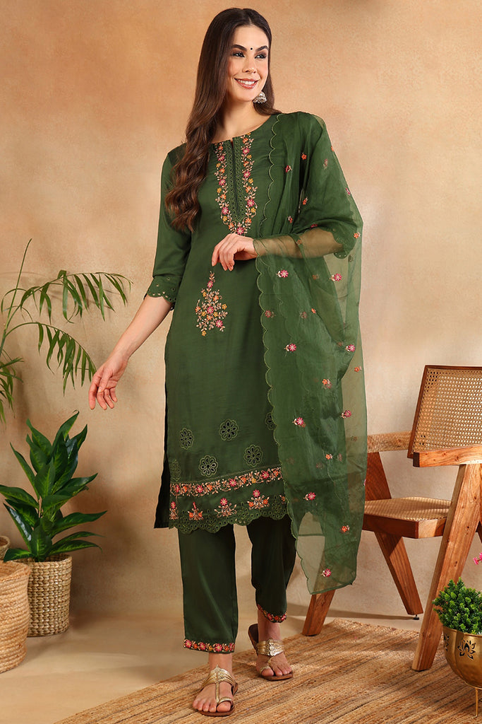 Green Silk Blend Solid Embroidered Straight Trouser Bottom Suit Set PKSKD2635